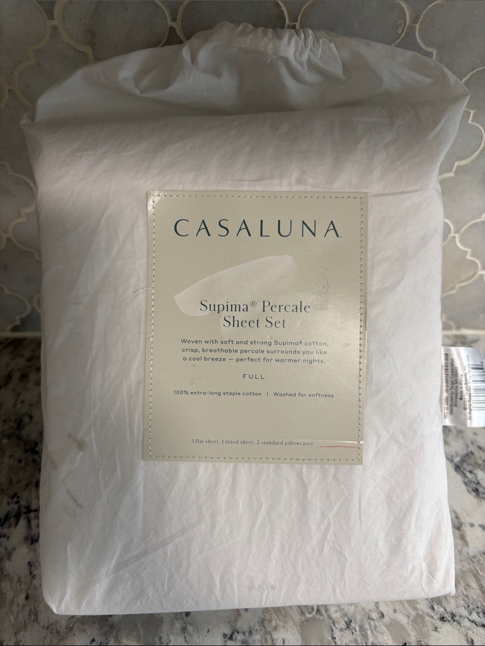 Casaluna Full Size Washed Supima Cotton Percale Solid White 4 Pc Sheet Set‎